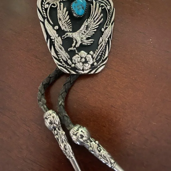 Silver and Turquoise Bolo Tie with Eagle Design - Picture 1 of 6